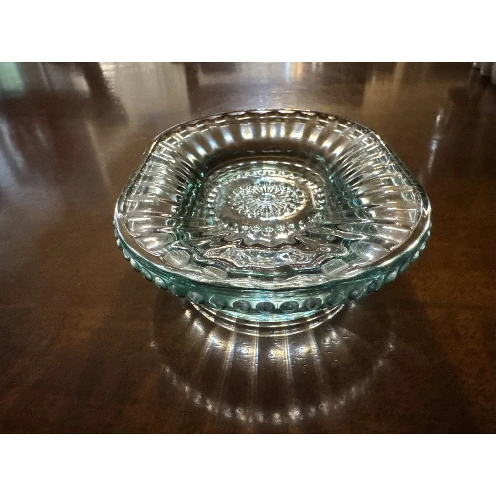 Vintage Aqua Blue Glass Soap Dish Rectangle Beaded Ribbed Bathroom Vanity Tray